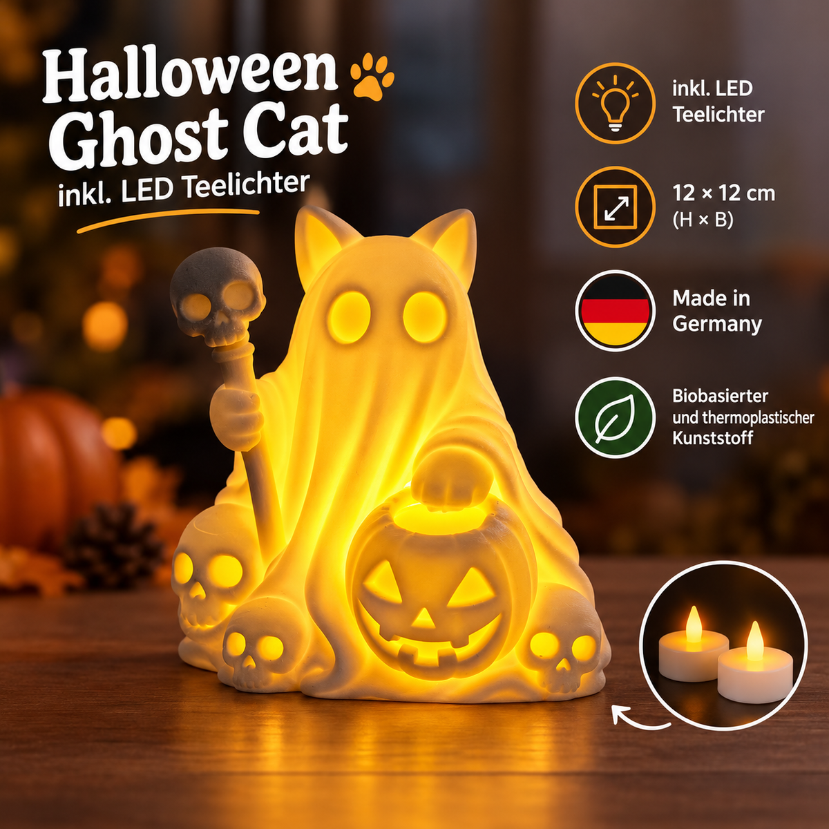 Haloween Ghost Cat Figur inkl. LED Teelichter